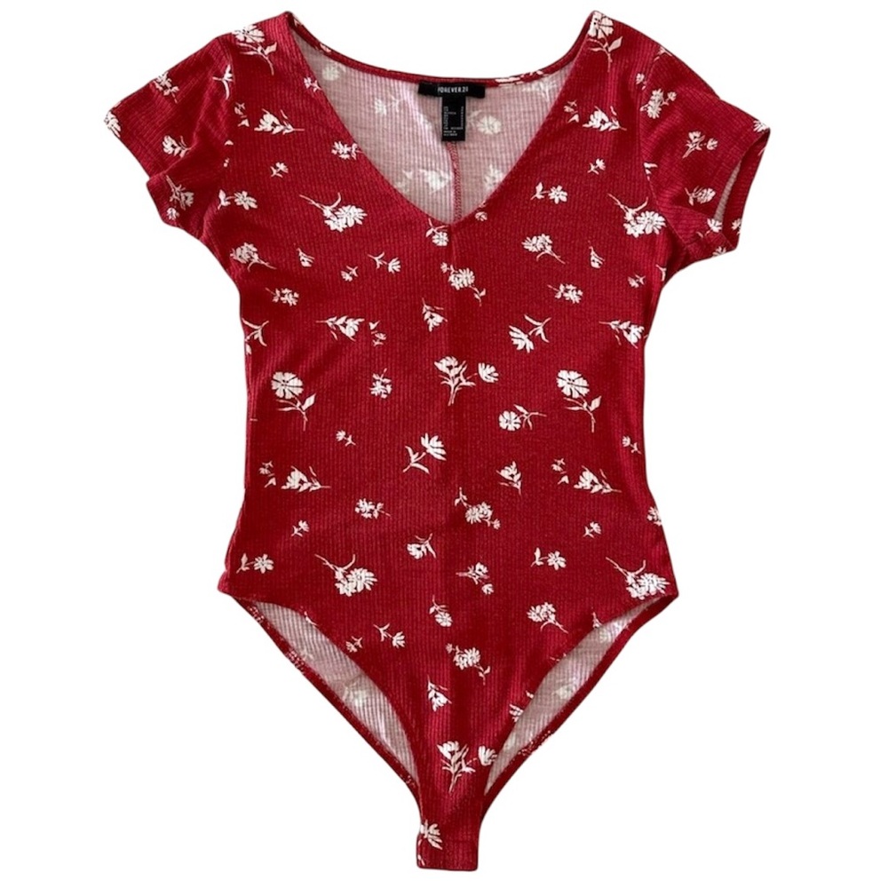 Forever 21 stretchy flower printed red bodysuit with clasp buttons (S)